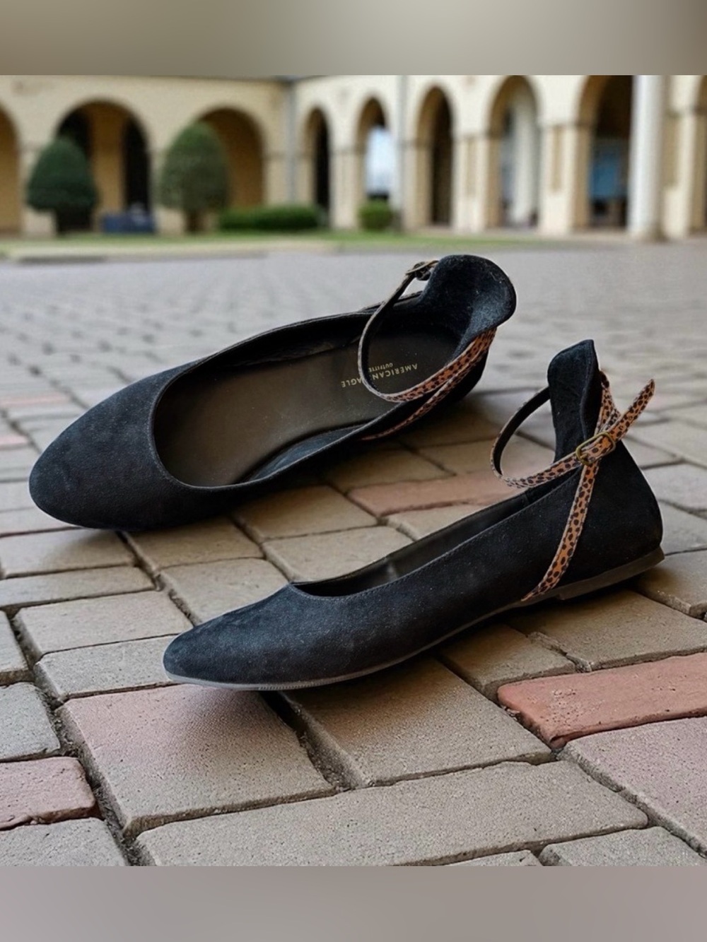 American Eagle Black Flats with Leopard Ankle Strap